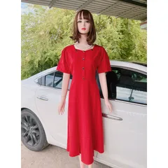 Đầm trơn màu đỏ đô Giá 320k Hàng có sẵn giao ngay 3XL Có size tới 80kg Có 2 túi 2 bên