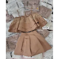 [Hình thật chụp sàn] Set áo dây xếp tầng bèo đính đá mix chân váy xòe có lót quần