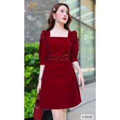 Đầm  NHUNG ĐỎ TAY LỠ CỔ VUÔNG ĐÍNH HOA NỔI THIẾT KẾ CAO CẤP DVC Giá 330k Hàng có sẵn giao ngay