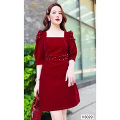 Đầm  NHUNG ĐỎ TAY LỠ CỔ VUÔNG ĐÍNH HOA NỔI THIẾT KẾ CAO CẤP DVC Giá 330k Hàng có sẵn giao ngay