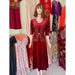 Đầm trung niên dạ hội nhung 7 biên chính phẩm thiết kế giả vest giấu bụng tôn dáng,ép đá cao cấp sang trọng big size
