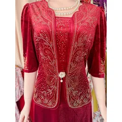 Đầm trung niên dạ hội nhung 7 biên chính phẩm thiết kế giả vest giấu bụng tôn dáng,ép đá cao cấp sang trọng big size
