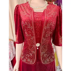Đầm trung niên dạ hội nhung 7 biên chính phẩm thiết kế giả vest giấu bụng tôn dáng,ép đá cao cấp sang trọng big size