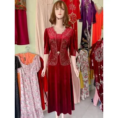 Đầm trung niên dạ hội nhung 7 biên chính phẩm thiết kế giả vest giấu bụng tôn dáng,ép đá cao cấp sang trọng big size
