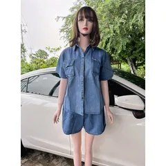 Set jeans Bộ áo tay ngắn Quần đùi 2 túi chất vải jeans cao cấp  Hàng có sẵn giao ngay  Eo bo chun co giãn dễ mặc