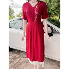 Set áo dài thêu hoa An Thuỷ + chân váy kem eo bo chun co giãn dễ mặc  Hàng có sẵn giao ngay  Giá 290k/ cả set