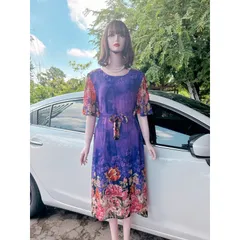 Đầm trung niên - voan chifffon họa tiết hoa tím+ kèm dây buộc eo  Hàng có sẵn giao ngay  Giá 290k Đúp lót 2 lớp