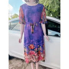 Đầm trung niên - voan chifffon họa tiết hoa tím+ kèm dây buộc eo  Hàng có sẵn giao ngay  Giá 290k Đúp lót 2 lớp