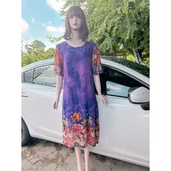 Đầm trung niên - voan chifffon họa tiết hoa tím+ kèm dây buộc eo  Hàng có sẵn giao ngay  Giá 290k Đúp lót 2 lớp