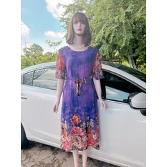 Đầm trung niên - voan chifffon họa tiết hoa tím+ kèm dây buộc eo  Hàng có sẵn giao ngay  Giá 290k Đúp lót 2 lớp