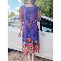 Đầm trung niên - voan chifffon họa tiết hoa tím+ kèm dây buộc eo  Hàng có sẵn giao ngay  Giá 290k Đúp lót 2 lớp