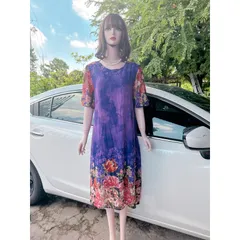 Đầm trung niên - voan chifffon họa tiết hoa tím+ kèm dây buộc eo  Hàng có sẵn giao ngay  Giá 290k Đúp lót 2 lớp