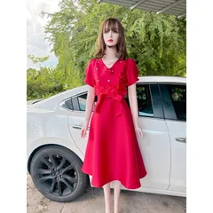 Váy tapta cổ v sóng đính hoa nơ eo đính kết hoa nổi Giá 390k Hàng có sẵn giao ngay L Chất liệu tapta xịn Màu đỏ
