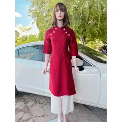 🍊ẢNH THẬT🍊ÁO DÀI GẤM ĐỎ KẾT KHUY HOA 🍒CÓ SẴN🍒 Hàng có sẵn giao ngay M Giá 390k/ cả set Gồm áo dài gấm hoa nổi + quần