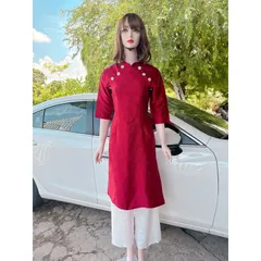 🍊ẢNH THẬT🍊ÁO DÀI GẤM ĐỎ KẾT KHUY HOA 🍒CÓ SẴN🍒 Hàng có sẵn giao ngay M Giá 390k/ cả set Gồm áo dài gấm hoa nổi + quần