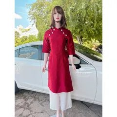 🍊ẢNH THẬT🍊ÁO DÀI GẤM ĐỎ KẾT KHUY HOA 🍒CÓ SẴN🍒 Hàng có sẵn giao ngay M Giá 390k/ cả set Gồm áo dài gấm hoa nổi + quần