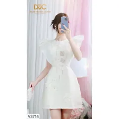 Đầm  trắng dáng xòe cổ tròn tay bèo dự tiệc  Hàng có sẵn giao ngay S Màu kem Chất liệu tapta xịn đẹp, có sẵn lót quần