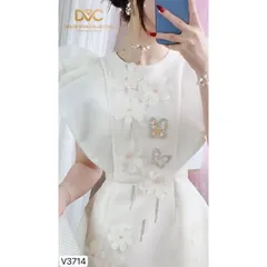 Đầm  trắng dáng xòe cổ tròn tay bèo dự tiệc  Hàng có sẵn giao ngay S Màu kem Chất liệu tapta xịn đẹp, có sẵn lót quần