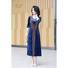 Đầm nhung tuyết cổ U ép đá thời trang trung niên cao cấp Giá 390k Hàng có sẵn giao ngay Có màu xanh lá + xanh đậm