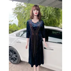 Đầm nhung tuyết cổ U ép đá thời trang trung niên cao cấp Giá 390k Hàng có sẵn giao ngay Có màu xanh lá + xanh đậm