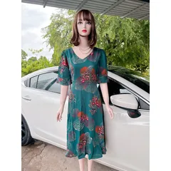 Đầm họa tiết  bigsize dáng dài qua gối sang trọng vải mango in 3D cao cấp có lót Size  45kg-80kg Hàng có sẵn giao ngay