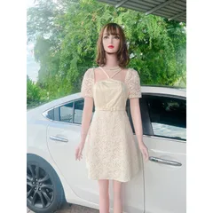 Đầm ren Thiết Kế Cao Cấp màu Kem  Đầm Họa Tiết Ren Nơ Eo Viền Đính Cườm Nguc, Váy Chữ A Basic Dự Tiệc  Hàng có sẵn