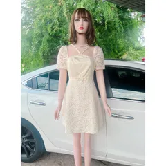 Đầm ren Thiết Kế Cao Cấp màu Kem  Đầm Họa Tiết Ren Nơ Eo Viền Đính Cườm Nguc, Váy Chữ A Basic Dự Tiệc  Hàng có sẵn