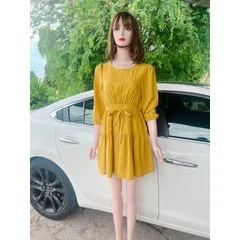 Đầm dáng xòe màu vàng chanh Hàng có sẵn giao ngay SM Có dây buộc eo theo dáng người Đúp lót 2 lớp Giá 270k