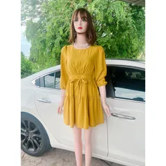 Đầm dáng xòe màu vàng chanh Hàng có sẵn giao ngay SM Có dây buộc eo theo dáng người Đúp lót 2 lớp Giá 270k