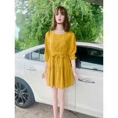Đầm dáng xòe màu vàng chanh Hàng có sẵn giao ngay SM Có dây buộc eo theo dáng người Đúp lót 2 lớp Giá 270k