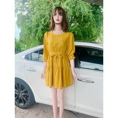 Đầm dáng xòe màu vàng chanh Hàng có sẵn giao ngay SM Có dây buộc eo theo dáng người Đúp lót 2 lớp Giá 270k