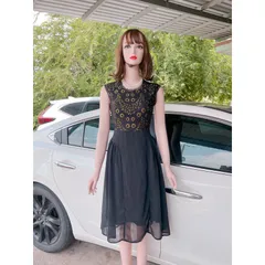 HÀNG THIẾT KẾ - ĐẦM XÒE REN ÁNH KIM PHỐI VÁY VOAN CAO CẤP  CÓ màu đen M và đỏ L Form to Hàng có sẵn giao ngay Giá 299k