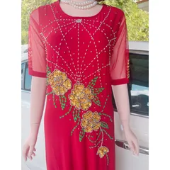Đầm dạ hội trung niên dáng dài thêu tay đính đá  cao cấp Giá 399k Màu đỏ đô Chất liệu vải thun solen xịn cao cấp