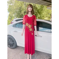 Đầm dạ hội trung niên dáng dài thêu tay đính đá  cao cấp Giá 399k Màu đỏ đô Chất liệu vải thun solen xịn cao cấp
