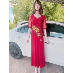 Đầm dạ hội trung niên dáng dài thêu tay đính đá  cao cấp Giá 399k Màu đỏ đô Chất liệu vải thun solen xịn cao cấp