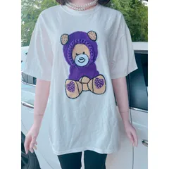 Áo thun trắng  nữ cổ tròn in hình gấu tím đáp thêu đính đá trẻ trung đơn giản chất thun cotton cao cấp hàng đẹp
