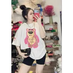 áo phông Gấu hồng panda  unisex Tay Ngắn áo thun nữ form rộng Cổ Tròn Retro Bigsize cotton Hàn Quốc Gấu dâu Trắng