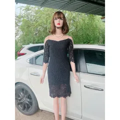 Đầm ren nữ body trễ vai tay lỡ đen duyên dáng đính ngọc cao câp Giá 280k Size SM Hàng có sẵn giao ngay Phía trên vai