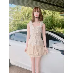 Set áo bèo tiểu thư màu kem + chân váy hộp Màu nude Size SML Eo bo chun cả áo và quần co giãn dễ mặc Quần Có 2 túi