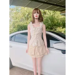 Set áo bèo tiểu thư màu kem + chân váy hộp Màu nude Size SML Eo bo chun cả áo và quần co giãn dễ mặc Quần Có 2 túi