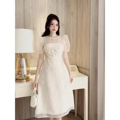 Váy tafta kem phối voan xòe bồng dự tiệc váy đầm đính kết hoa nổi sang chảnh Giá 420k Hàng có sẵn giao ngay
