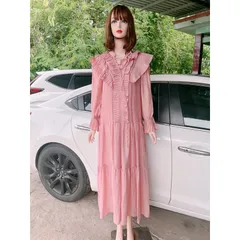 Đầm xòe dáng babydoll cổ dây nơ bèo tiểu thư Giá 390k Hàng có sẵn giao ngay Màu hồng baby Hàng Quảng Châu Bâù bì