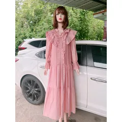 Đầm xòe dáng babydoll cổ dây nơ bèo tiểu thư Giá 390k Hàng có sẵn giao ngay Màu hồng baby Hàng Quảng Châu Bâù bì