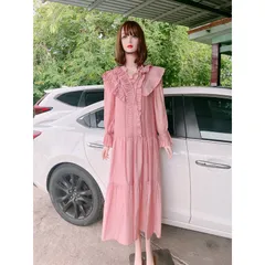 Đầm xòe dáng babydoll cổ dây nơ bèo tiểu thư Giá 390k Hàng có sẵn giao ngay Màu hồng baby Hàng Quảng Châu Bâù bì