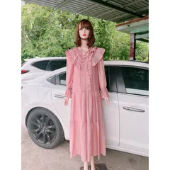 Đầm xòe dáng babydoll cổ dây nơ bèo tiểu thư Giá 390k Hàng có sẵn giao ngay Màu hồng baby Hàng Quảng Châu Bâù bì