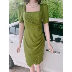 Đầm Body Dự Tiệc Cổ Vuông Tay Bồng Thiết Kế đính ngọc  Ngực Vạt Bèo Nhún Bụng Chất Liệu Umi Size 40-70kg Hàng có sẵn