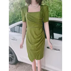 Đầm Body Dự Tiệc Cổ Vuông Tay Bồng Thiết Kế đính ngọc  Ngực Vạt Bèo Nhún Bụng Chất Liệu Umi Size 40-70kg Hàng có sẵn