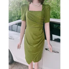Đầm Body Dự Tiệc Cổ Vuông Tay Bồng Thiết Kế đính ngọc  Ngực Vạt Bèo Nhún Bụng Chất Liệu Umi Size 40-70kg Hàng có sẵn
