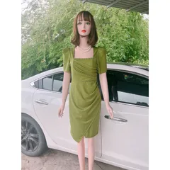 Đầm Body Dự Tiệc Cổ Vuông Tay Bồng Thiết Kế đính ngọc  Ngực Vạt Bèo Nhún Bụng Chất Liệu Umi Size 40-70kg Hàng có sẵn