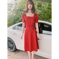 Đầm xòe xếp li ngực kết ngọc Giá 290k Hàng có sẵn giao ngay Chất liệu umi cao cấp, co giãn dễ chịu Màu đỏ cam